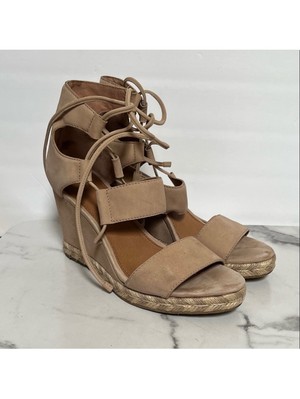 Frye Tan Lace-Up Wedge Sandals